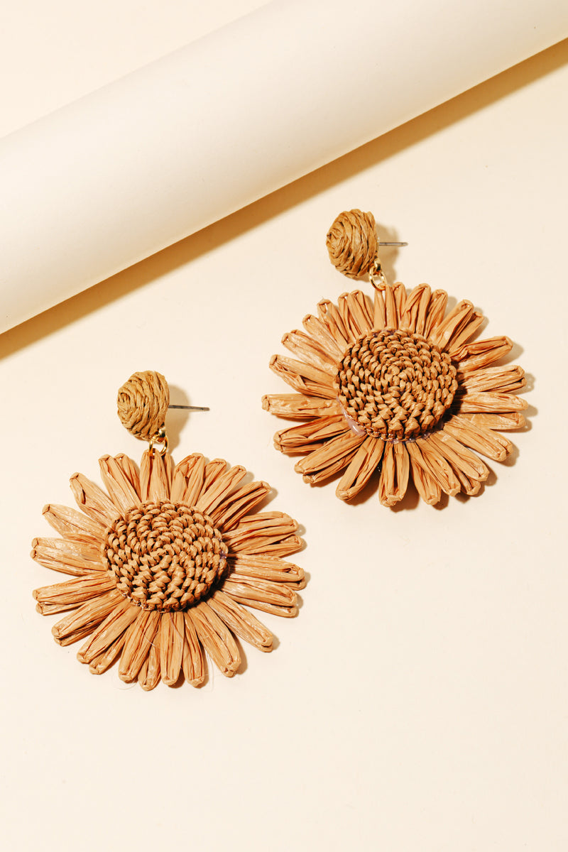 Tan Raffia Flower Earring