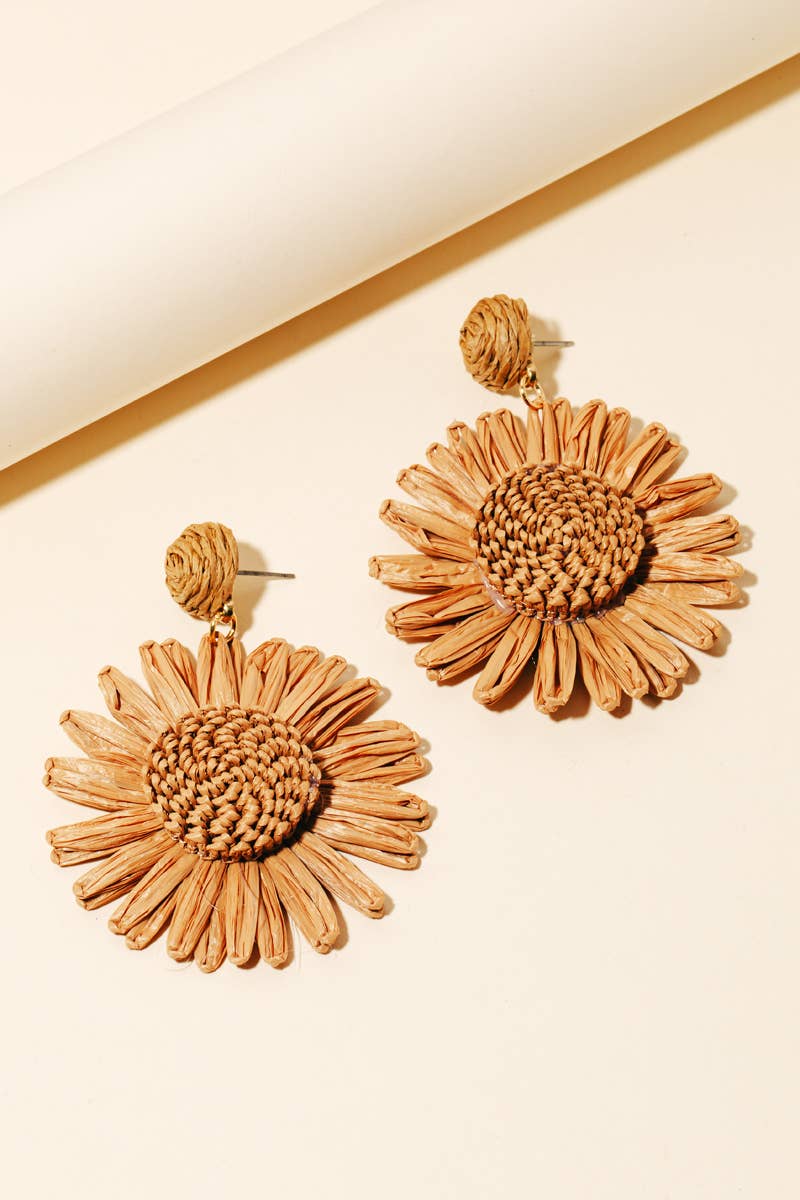 Tan Raffia Flower Earring