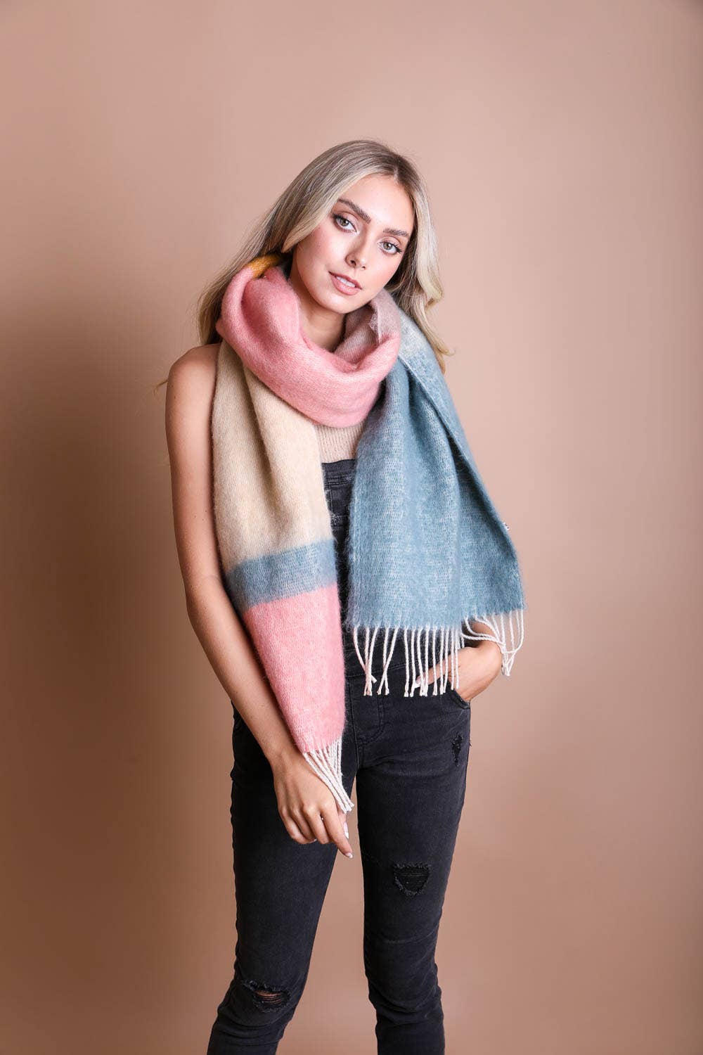 Winter Color Block Faux Mohair Scarf -