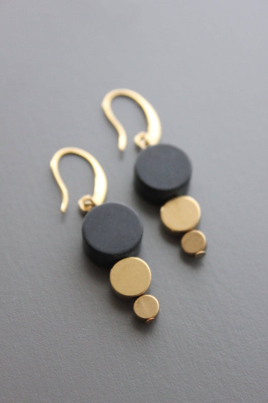 Geometric black stone and brass earrings