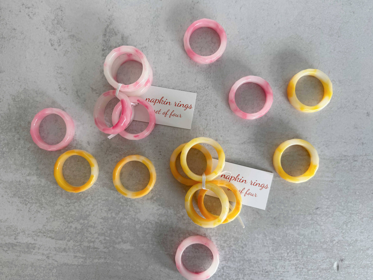 Sherbet Napkin Rings, pink and yellow, set of four