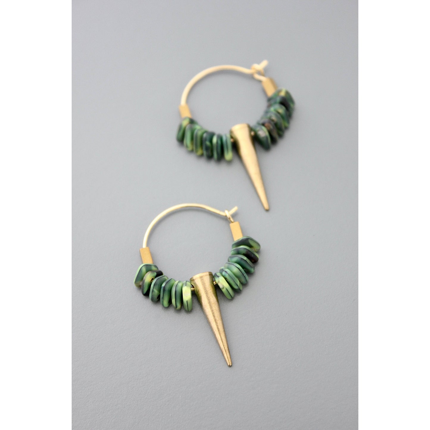 Small green glass and spike hoop earrings