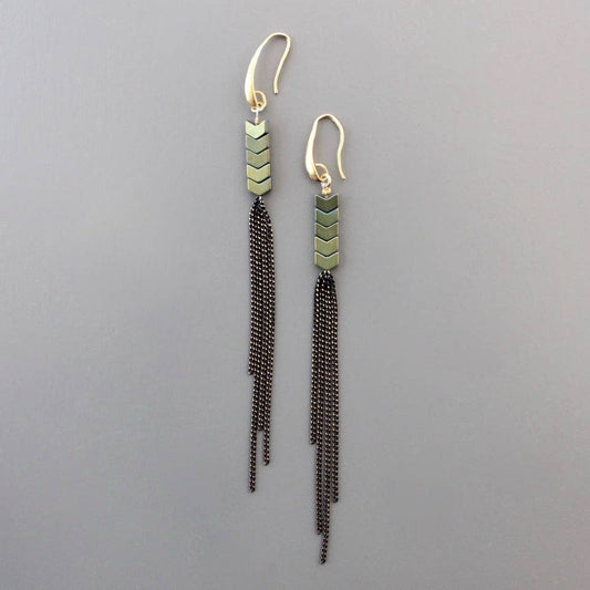 Green Hematite Chain Fringe Earrings