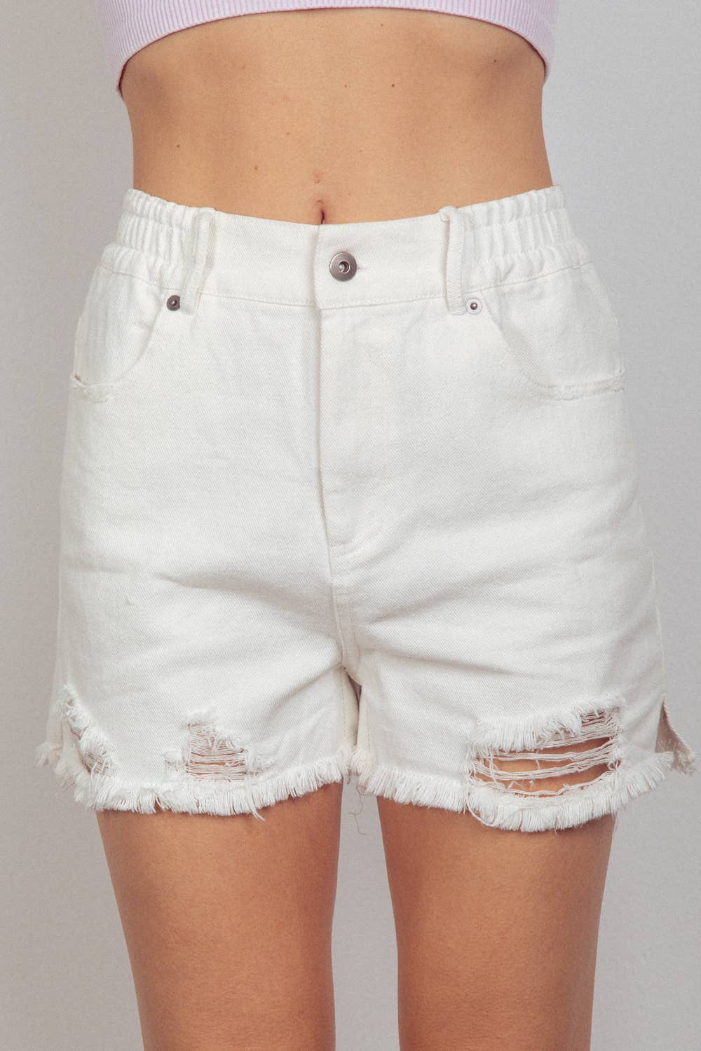 White Elastic Denim Shorts