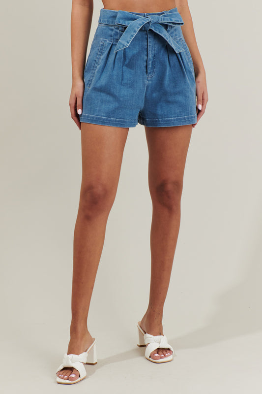 Pleated Denim Shorts