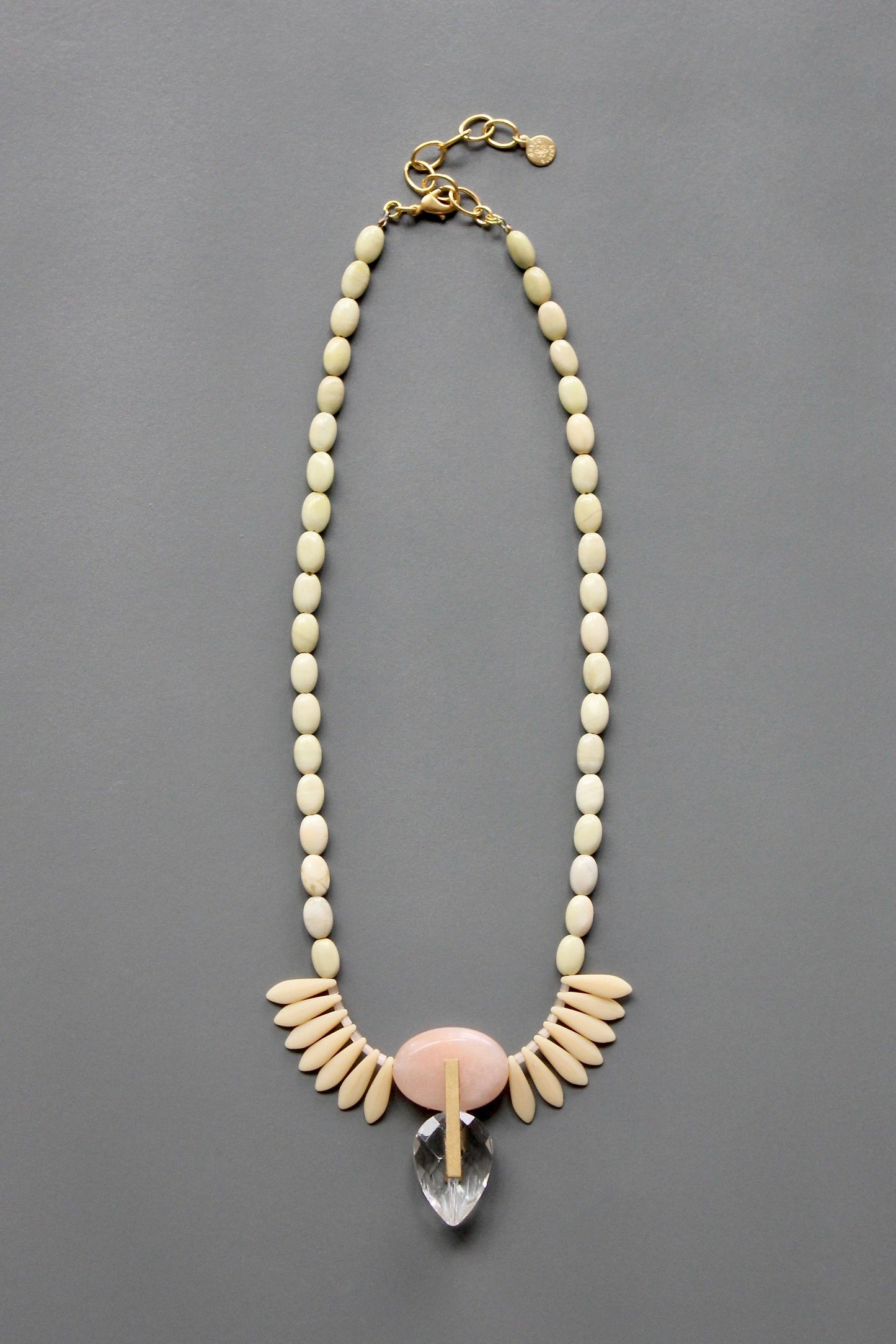 Serpentine, peach jade, and glass Artdeco necklace