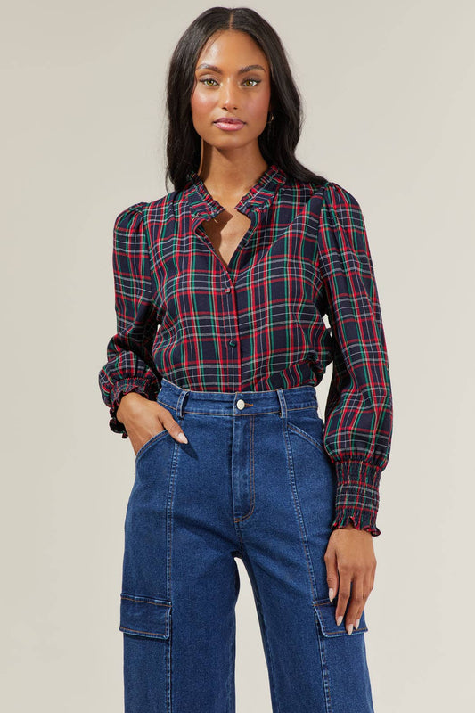 Brisvan Plaid Split Neck Top