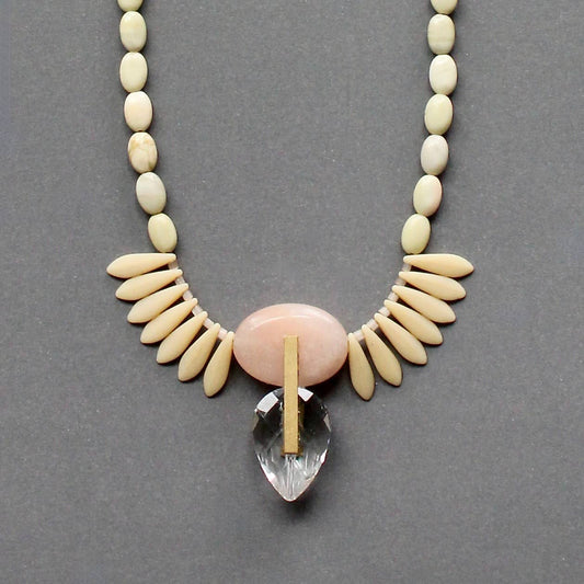 Serpentine, peach jade, and glass Artdeco necklace