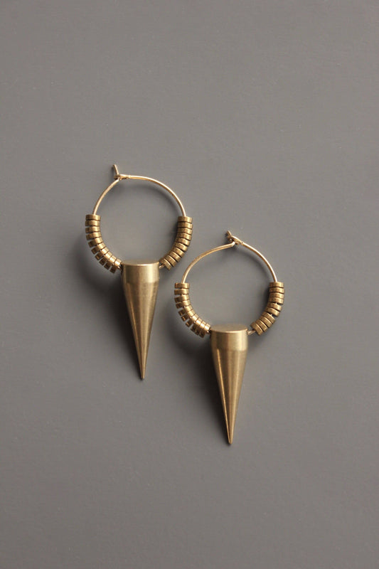 Gold plated hematite and brass spike hoop earrings