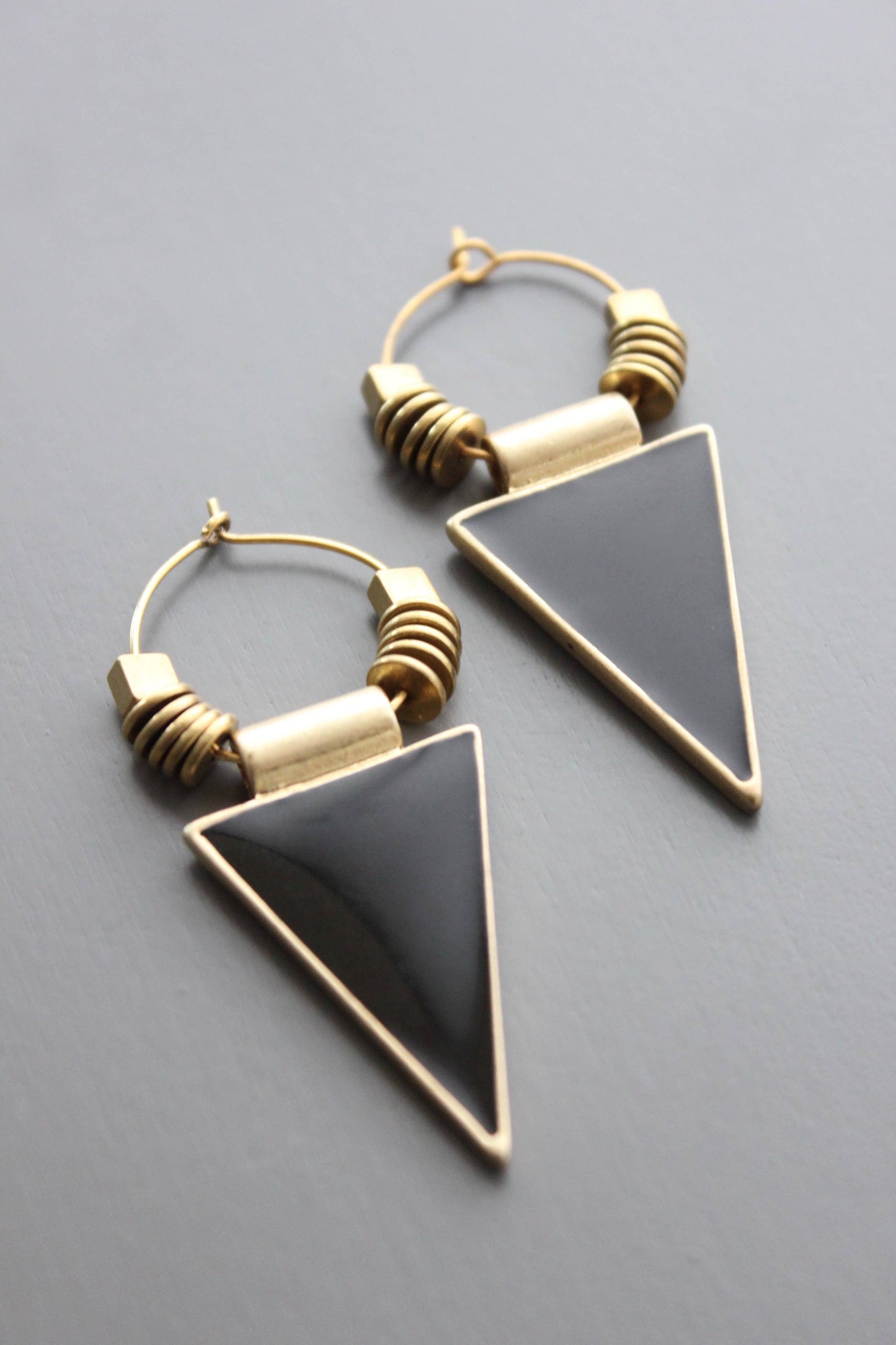 Black enamel triangle hoop earrings