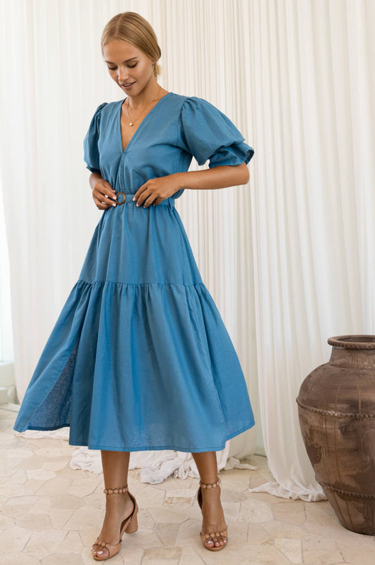 Peony Midi Linen Dress - Persian Blue