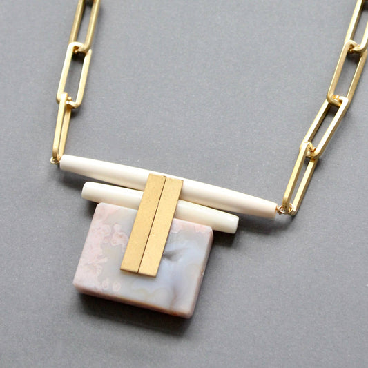 Artdeco chain and pink agate statement necklace